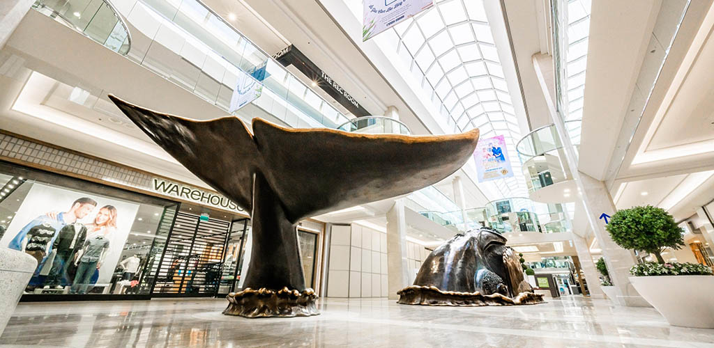The whale art piece in West Edmonton Mall