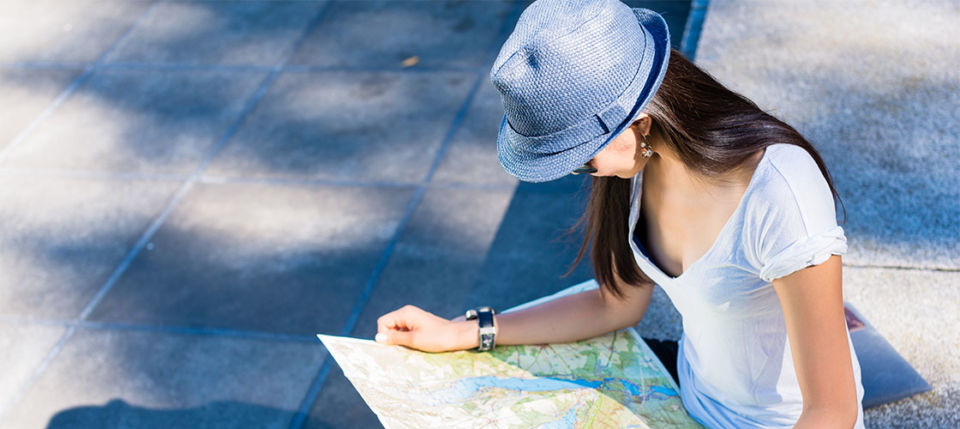 Japanese cougar looking at a map