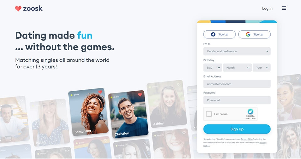 Landing page for Zoosk
