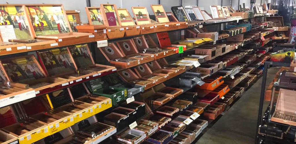 Shelves of high-quality cigars from Classic Cigars and Lounge