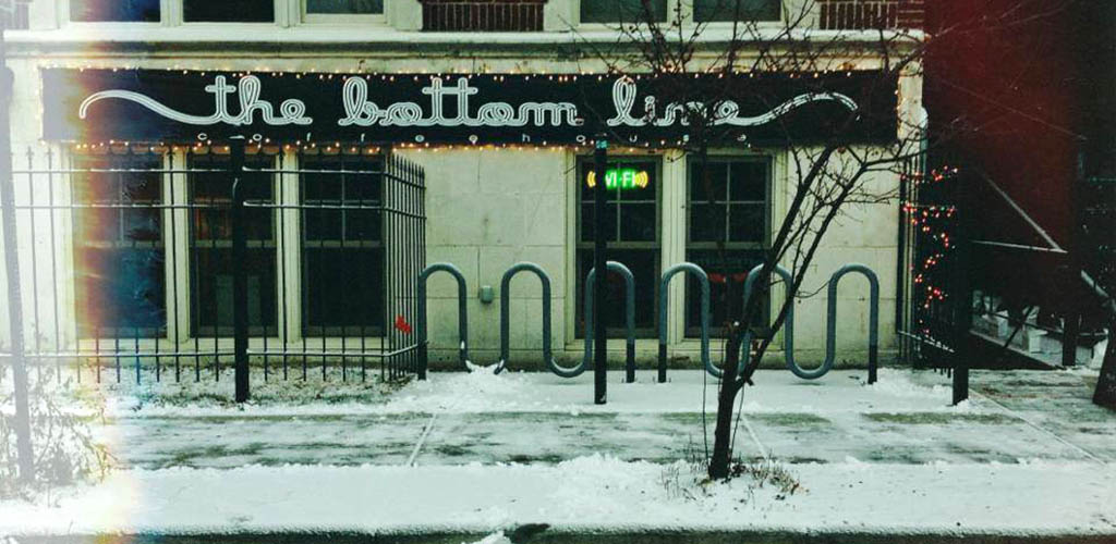 Front of The Bottom Line Coffee House on a snowy day