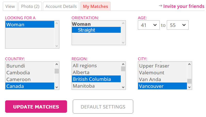 Search filters on a paid profile