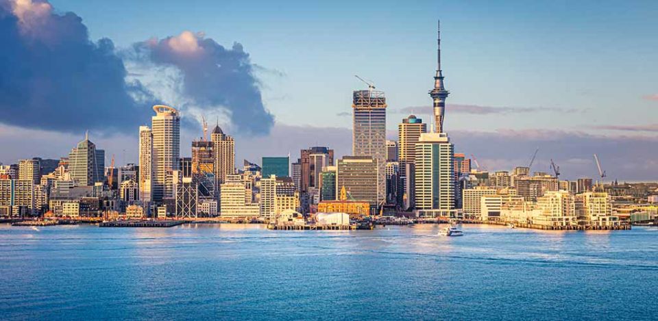 Auckland skyline at sunrise, Auckland, New Zealand