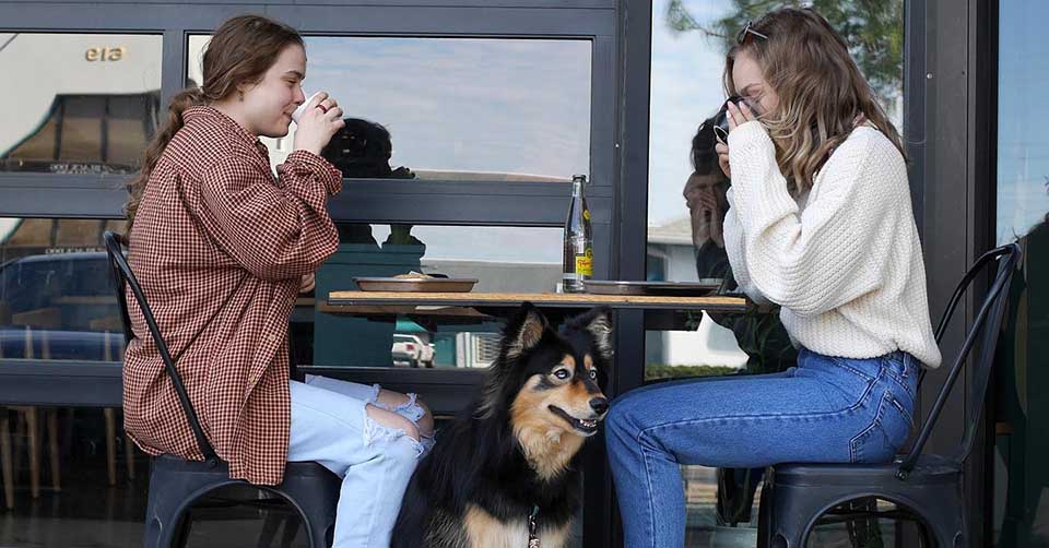 Friends drinking coffee with their dog at Three Ships Coffee Virginia Beach