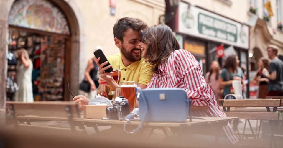 Romantic date in a cafe after meeting on a European dating site