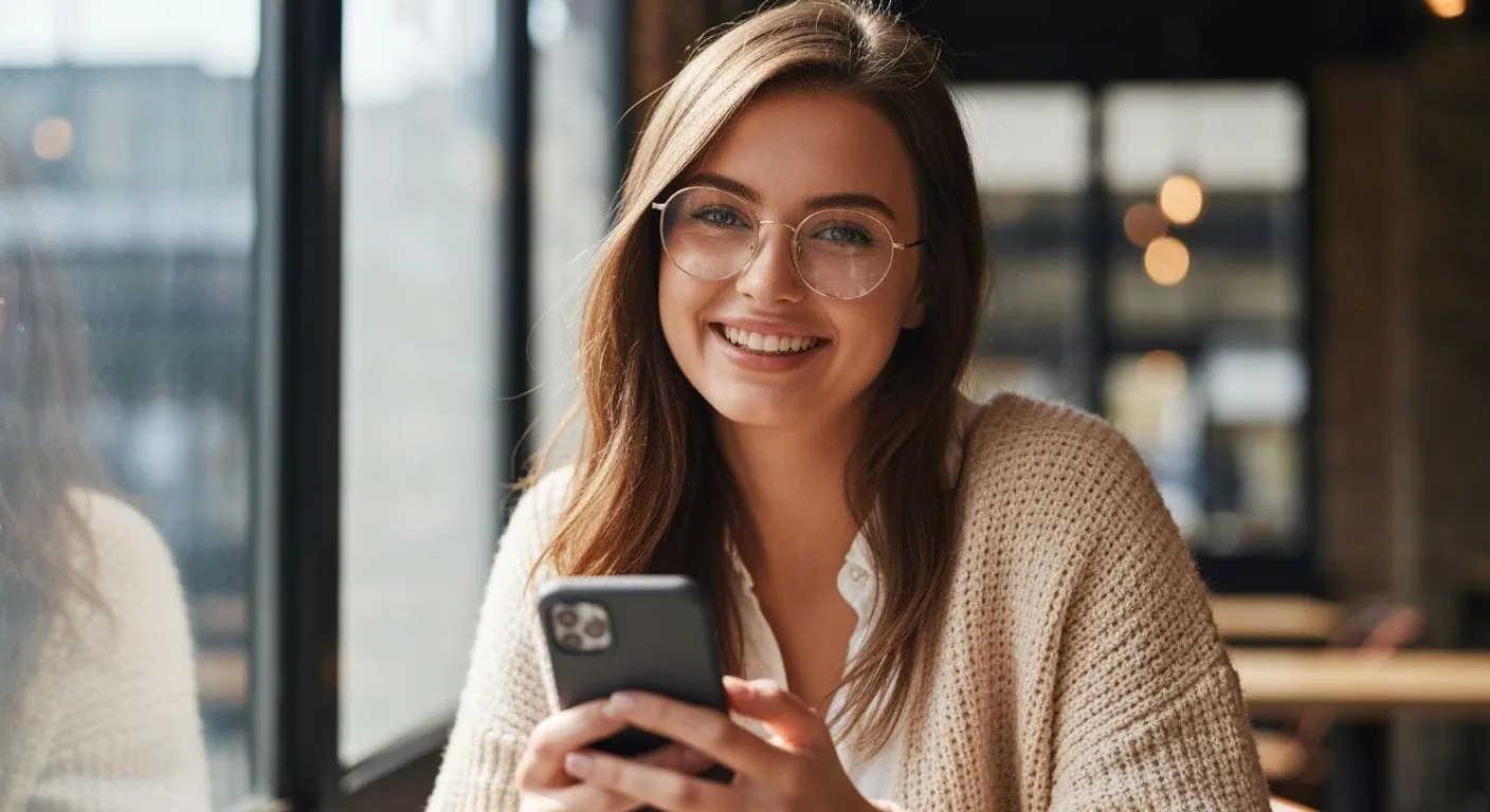 A beautiful woman in a cafe looking at her phone, representing the excitement of finding a new match on a dating app.