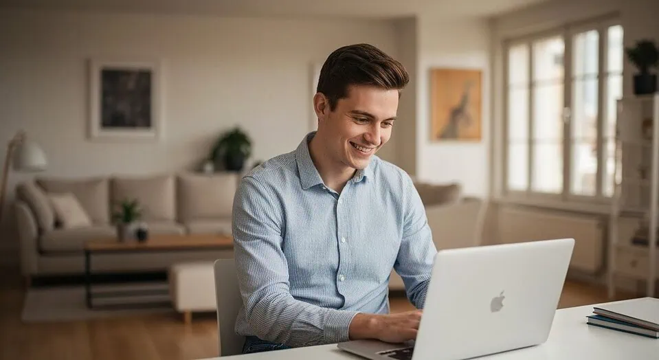 A professional photo of a man smiling during a video call on his laptop, representing the instant connections and positive experience of the LuckyCrush platform.
