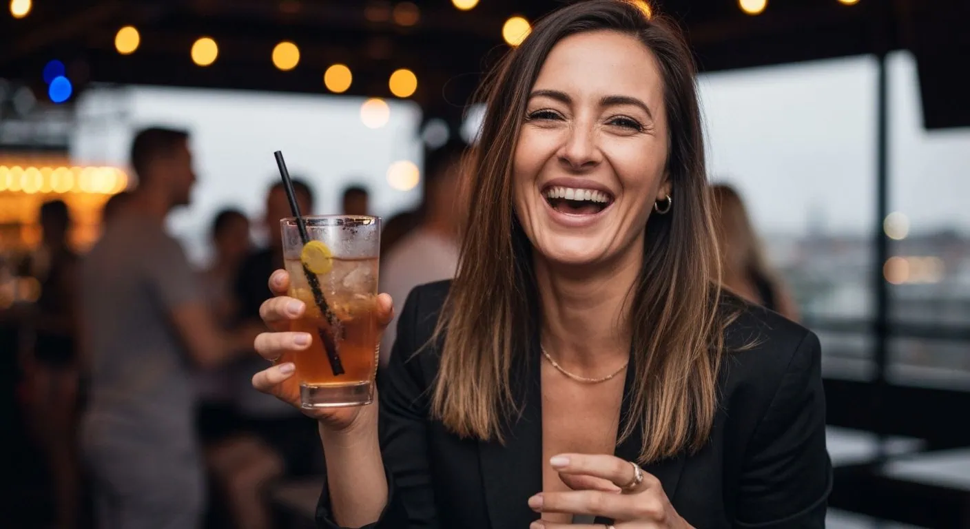 A confident woman laughing at a rooftop bar, symbolizing the adventurous and direct nature of casual dating on Adult Friend Finder.