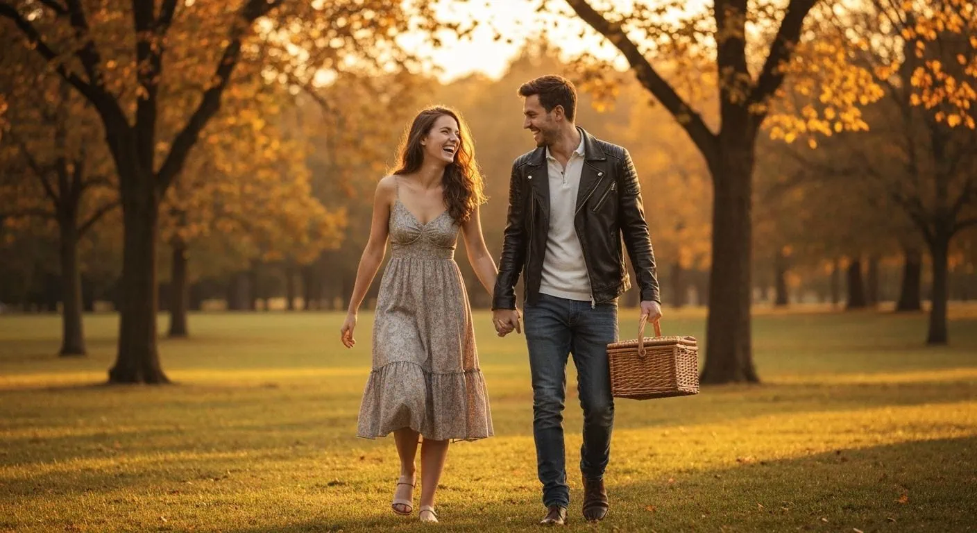 A couple holding hands during a sunset park walk with a picnic basket, capturing the “dateship” blend of intentional courtship and casual dating.