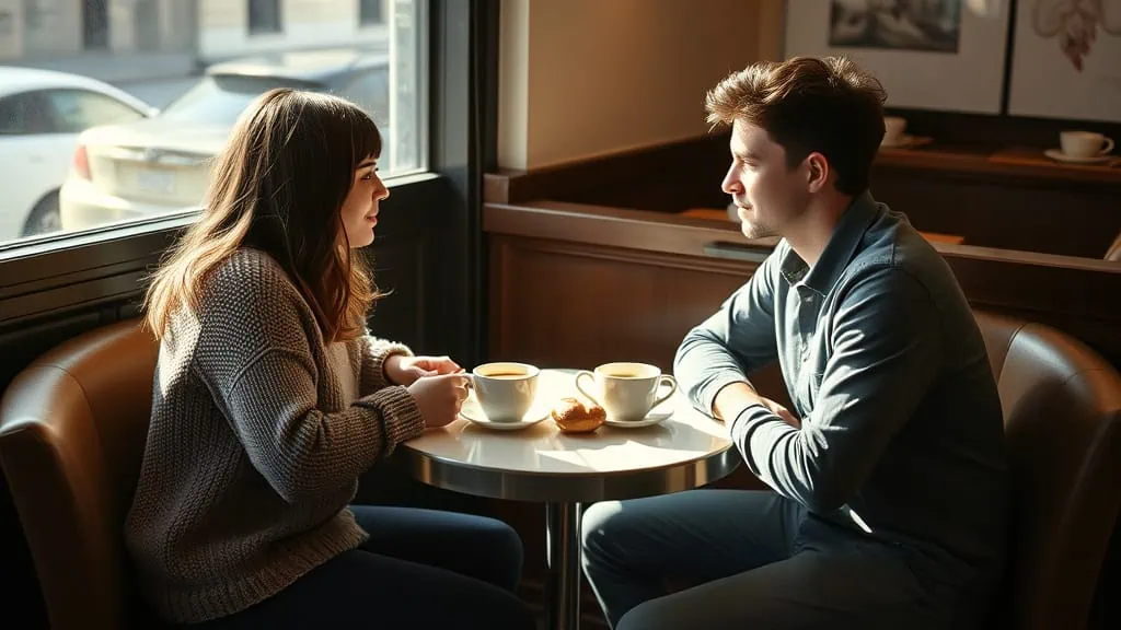 A man and woman on a first date at a cozy coffee shop, chatting over coffee, reflecting the casual and flexible nature of modern dating.