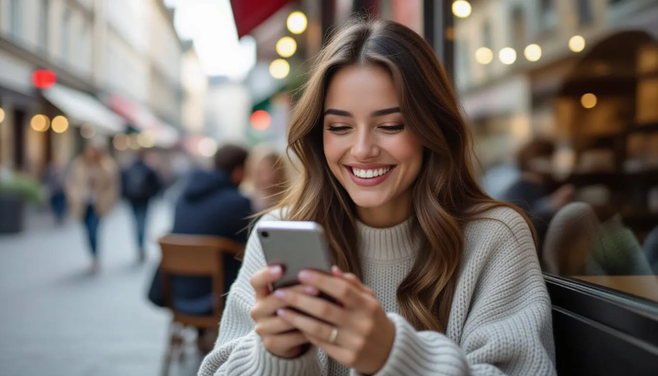  A woman is captured in a candid moment, smiling at her phone during a video chat, illustrating the fast and engaging mobile connections on LuckyCrush.