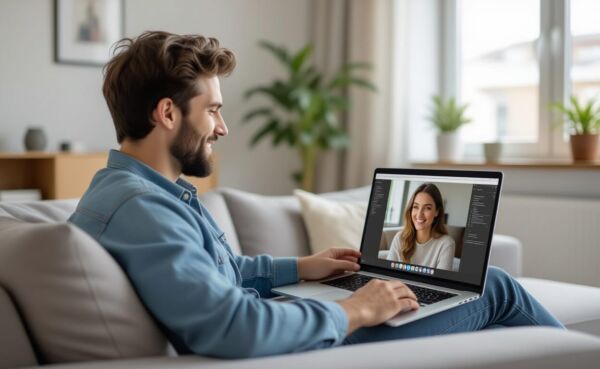 Man smiling while chatting online