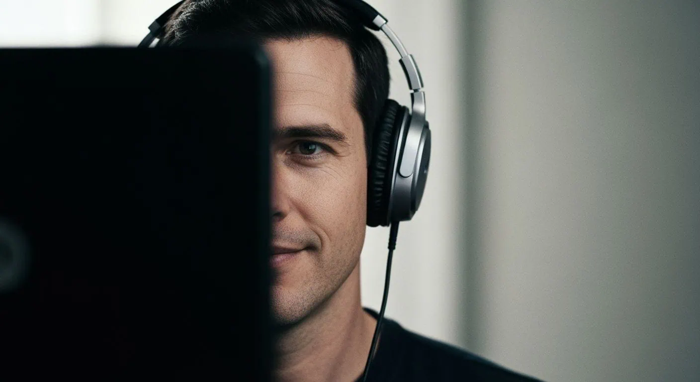 A photo of a man wearing headphones during an online video call, symbolizing the importance of privacy and safety on platforms like LuckyCrush.