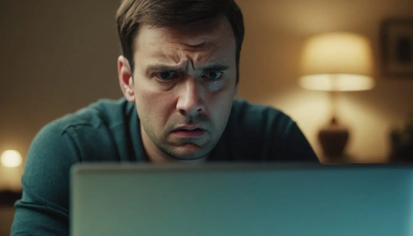 A man with a frustrated expression looking at a laptop, symbolizing the common user complaints about high costs and poor experiences on platforms like LuckyCrush, AFF or Tinder.