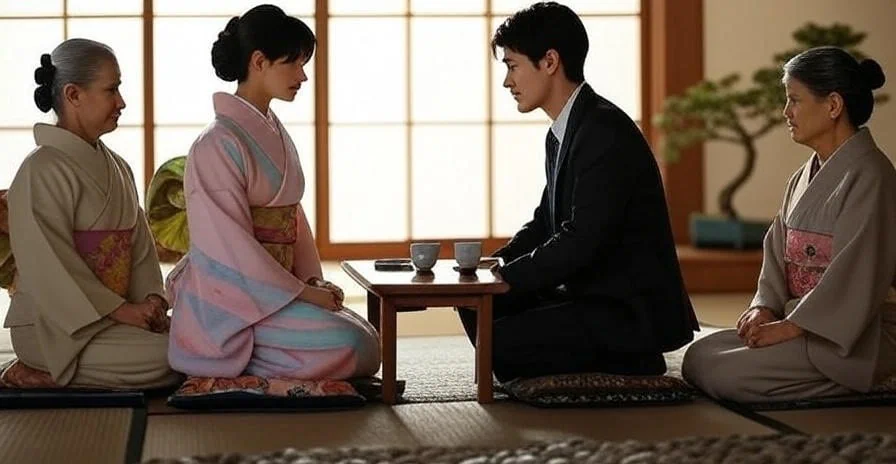 A young couple at a formal Omiai meeting in a Japanese tea house with a family chaperone, highlighting cultural traditions in courtship.
