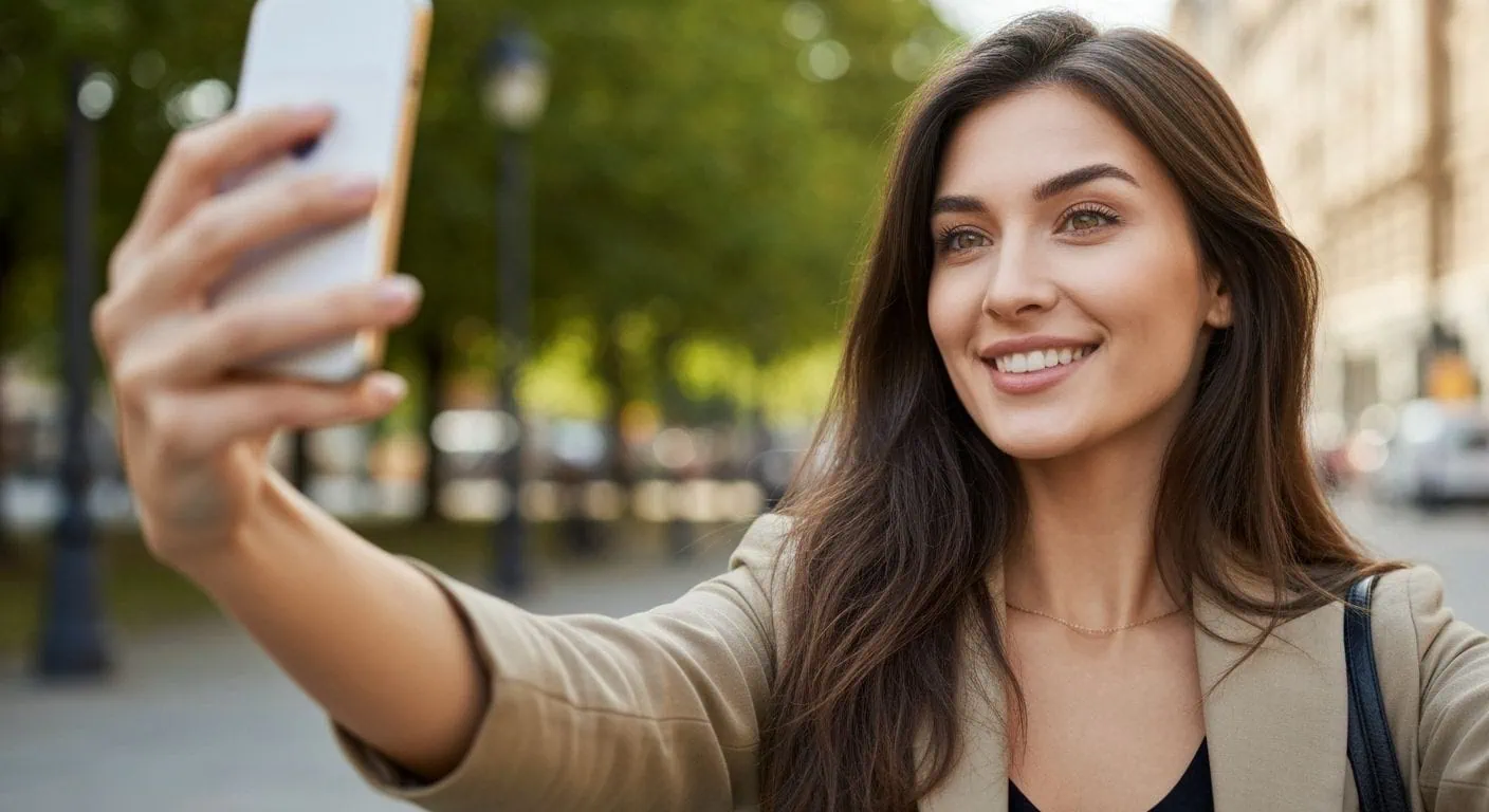 A young woman taking a selfie in a park, reflecting the approachable and common profiles found on the Tinder dating app.