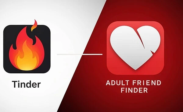A split-screen graphic comparing Tinder and Adult Friend Finder, visually summarizing the article about choosing the best dating app for your needs.