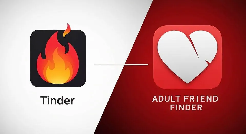 A split-screen graphic comparing Tinder and Adult Friend Finder, visually summarizing the article about choosing the best dating app for your needs.