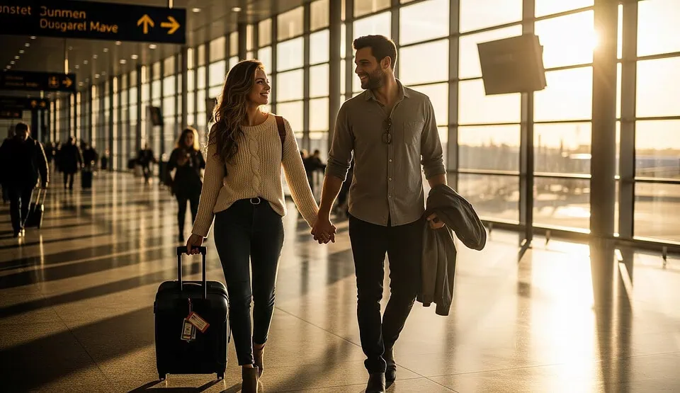 Couple traveling abroad symbolizing international dating on A Foreign Affair site.