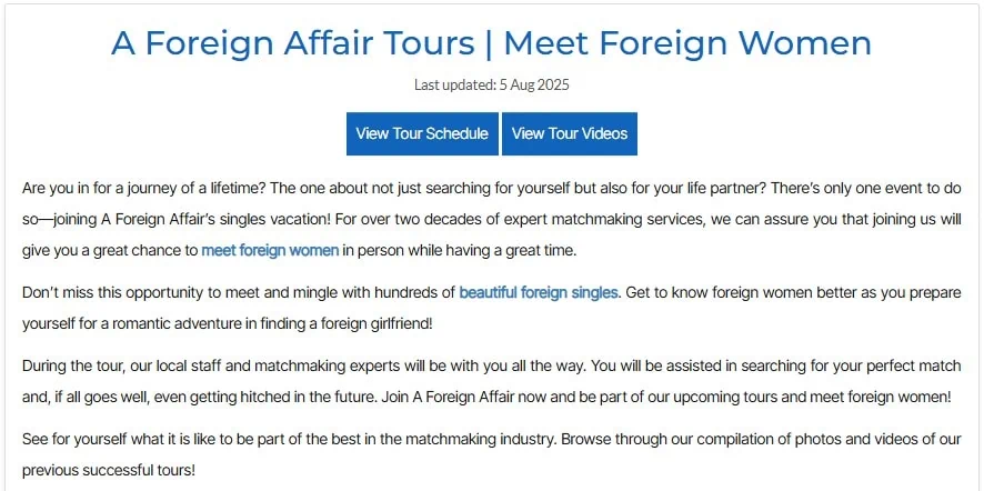 Romance tours section of A Foreign Affair website showing international dating trips.