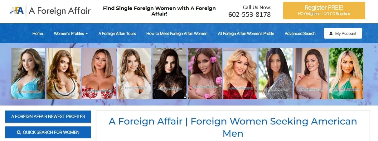 Screenshot of A Foreign Affair dating site homepage 2025.