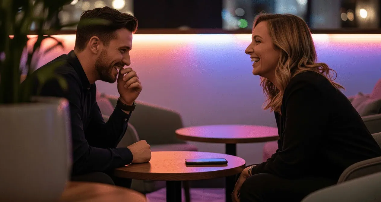 Two people laughing at a lounge table with a phone visible, suggesting a casual connection