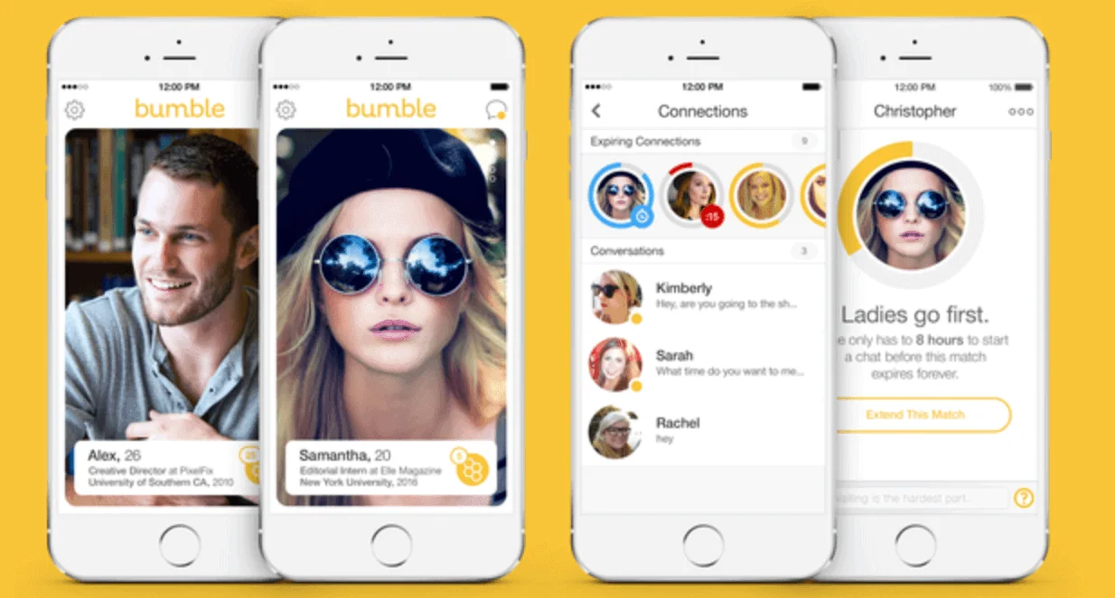 A screenshot of the Bumble app's match screen, illustrating the women-first messaging feature in a clean, yellow-themed interface.