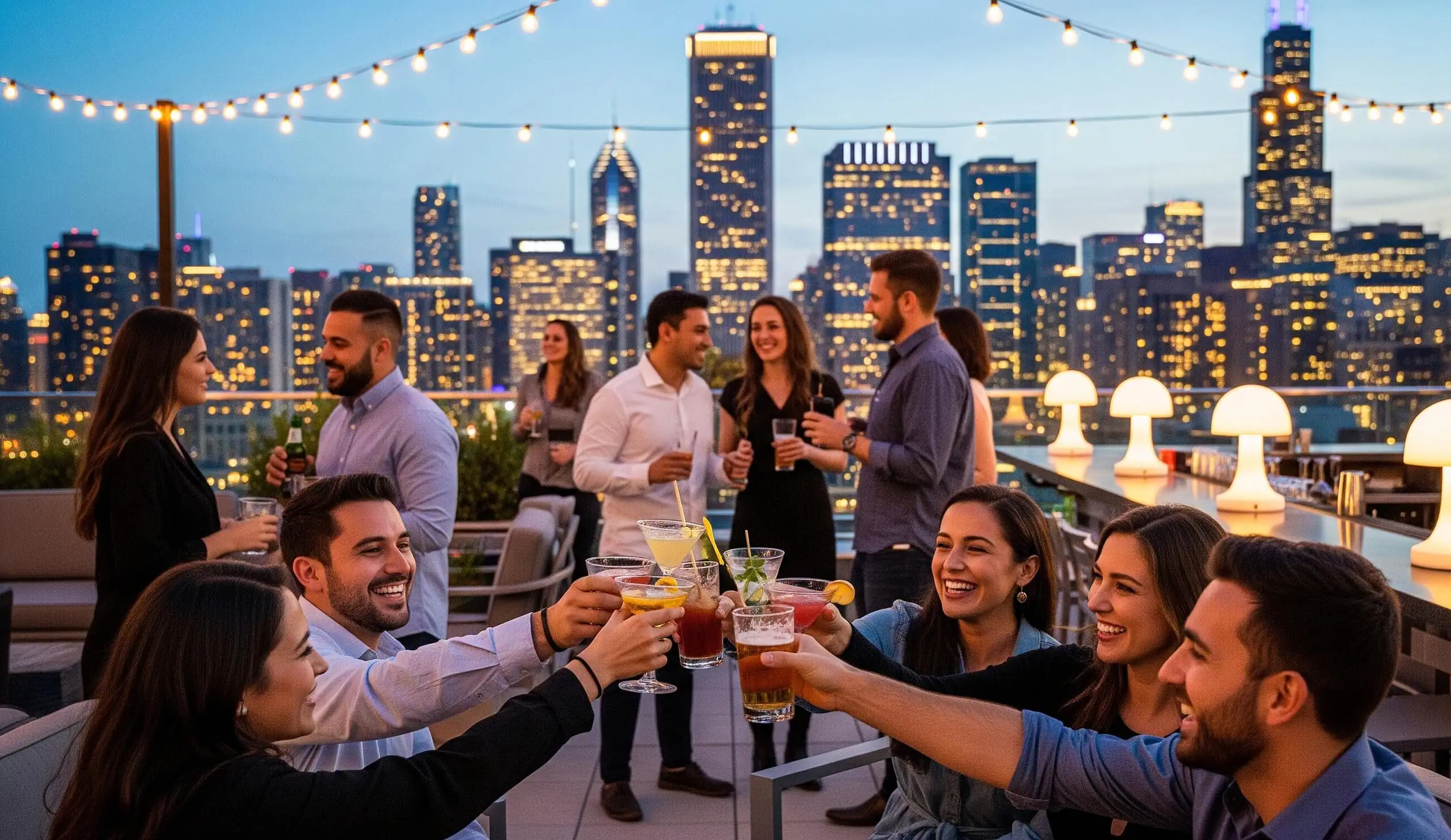 People enjoying cocktails in a Chicago rooftop bar representing nightlife dating opportunities
