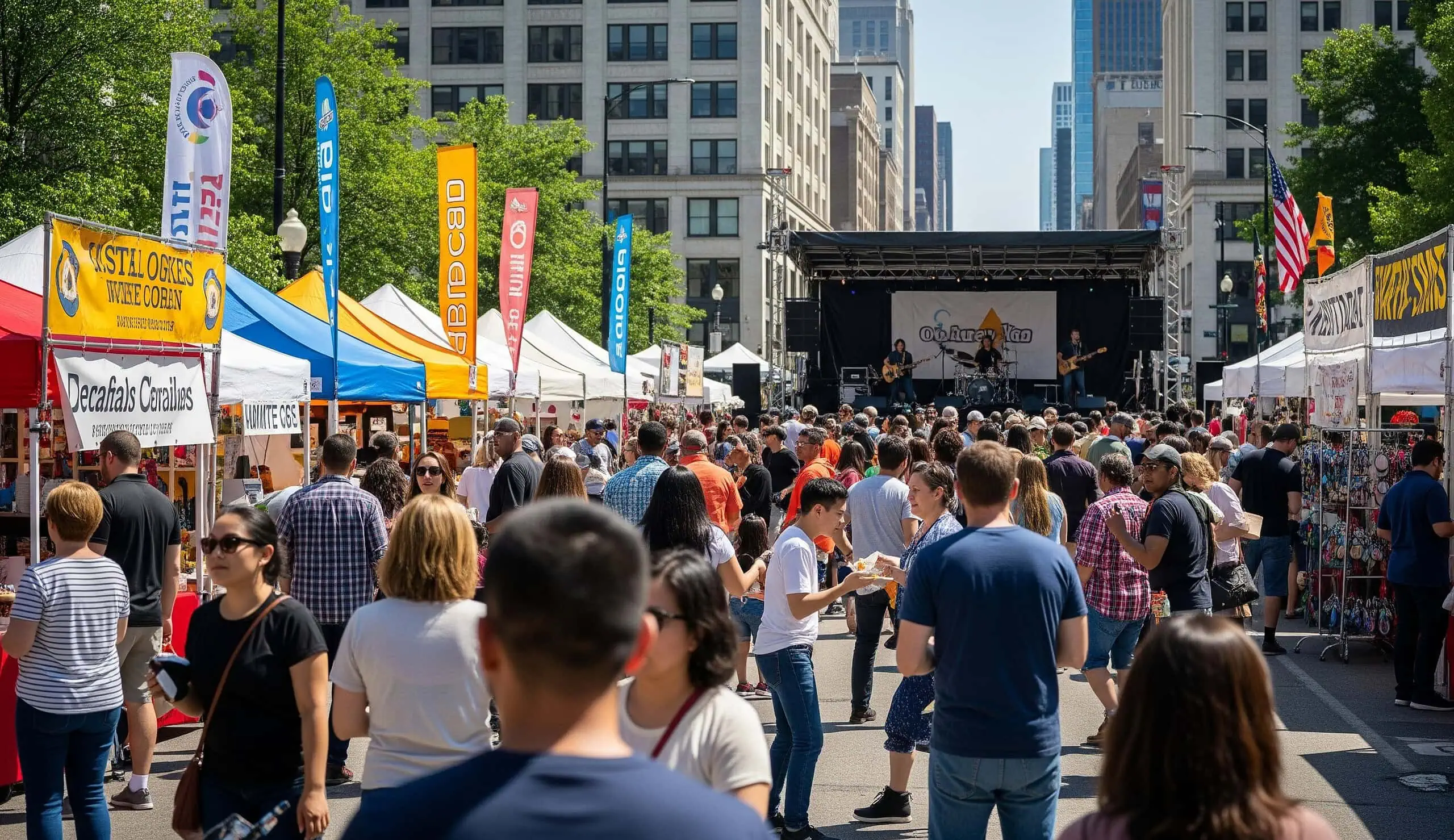 Young singles meeting at a Chicago summer street festival representing real life dating opportunities