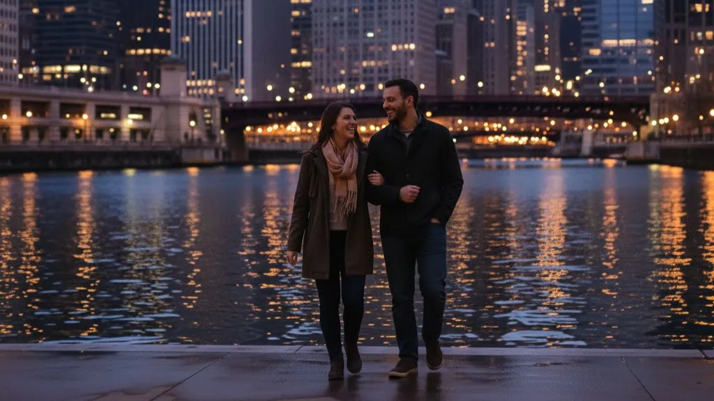 Couple walking on the Chicago Riverwalk at sunset with skyline in the background
