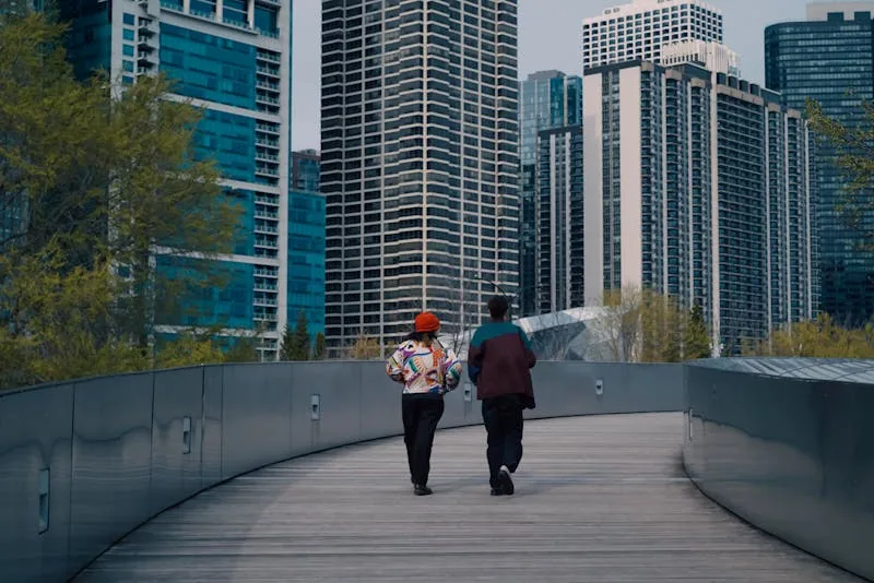 Pair walking through neighborhood in Chicago