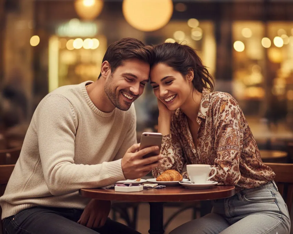 Couple looking at a dating app on a phone in a cozy cafe