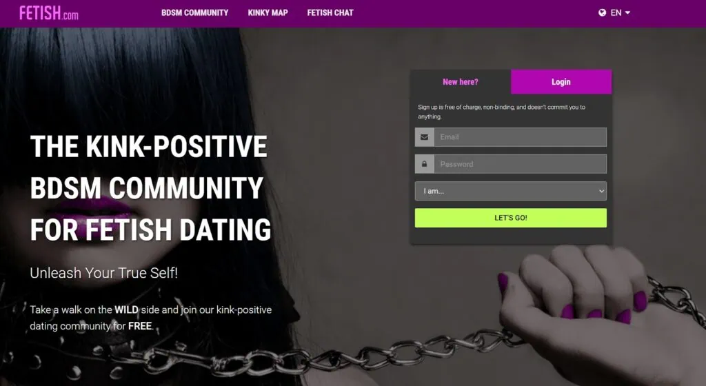 Fetish.com landing page example for kink dating app