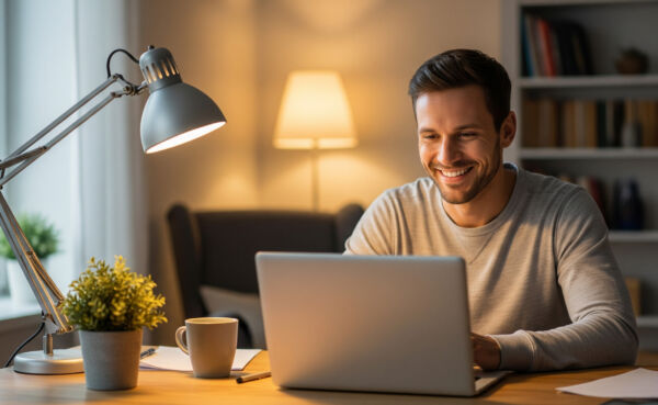 Man smiling at his laptop while using a random video chat platform like Flingster