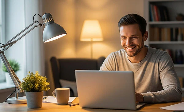 Man smiling at his laptop while using a random video chat platform like Flingster