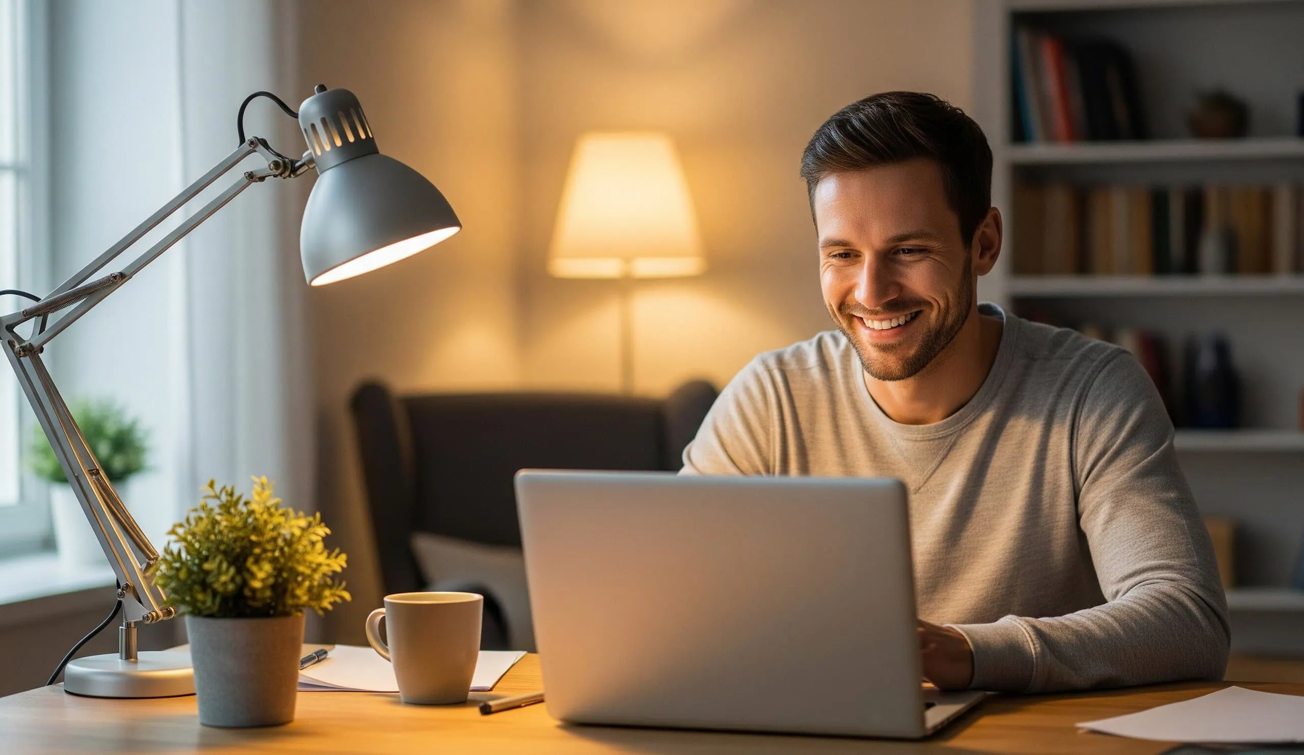 Man smiling at his laptop while using a random video chat platform like Flingster