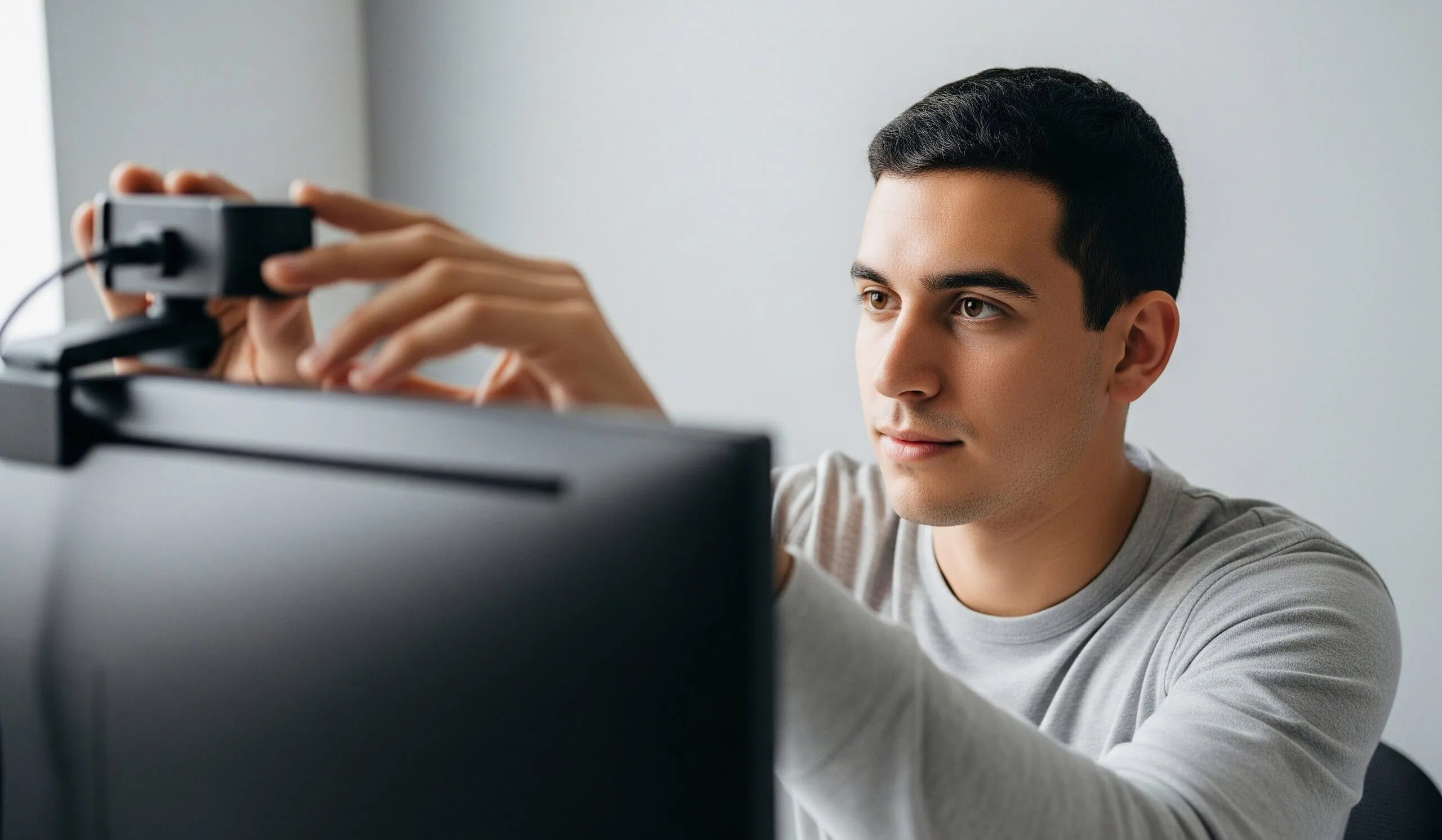 a man checking his web cam for a video chat sesion