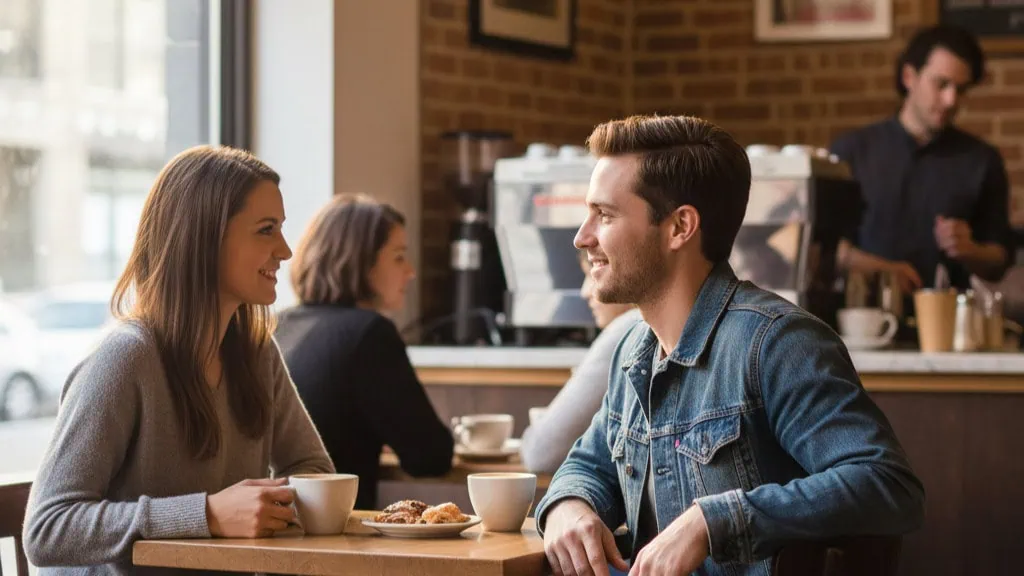 Couple talking in a Chicago cafe showing a friendly yet direct dating vibe