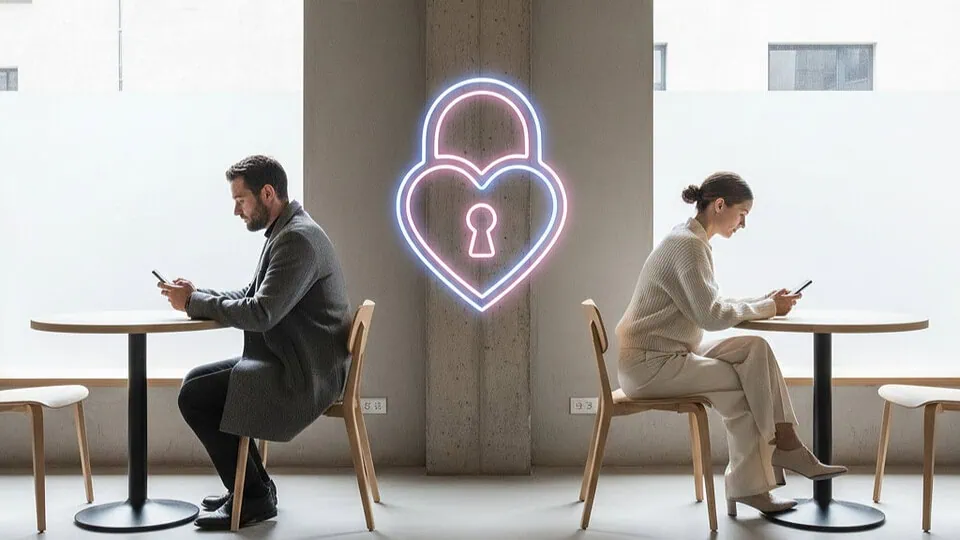 Couple using phones with a heart lock symbol to suggest secure private dating