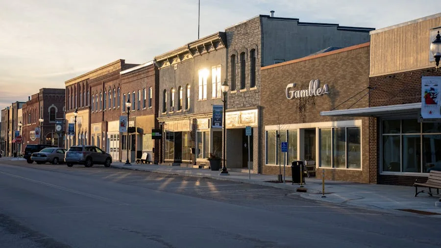 Quiet small town main street at dusk showing slower dating pace
