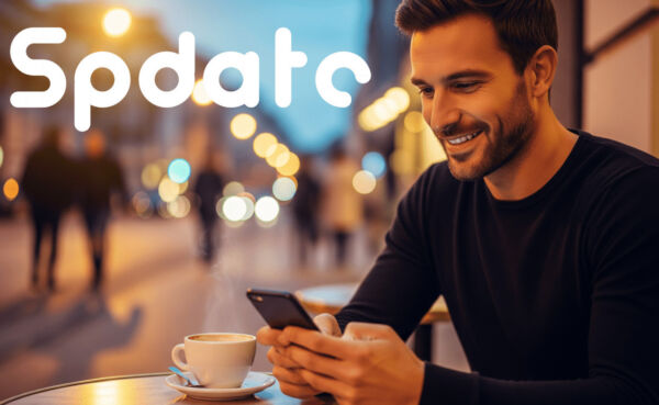 Man texting at a city cafe planning a casual date through a dating app