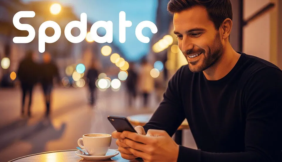 Man texting at a city cafe planning a casual date through a dating app
