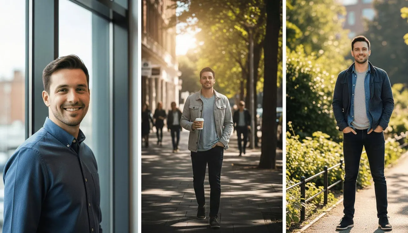 Three photo template showing headshot, lifestyle photo, and full body outfit for a dating profile