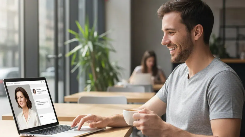 Young beginner smiling at laptop with MILF dating site open, highlighting easy beginner features and age-gap appeal for 2025 online connections.