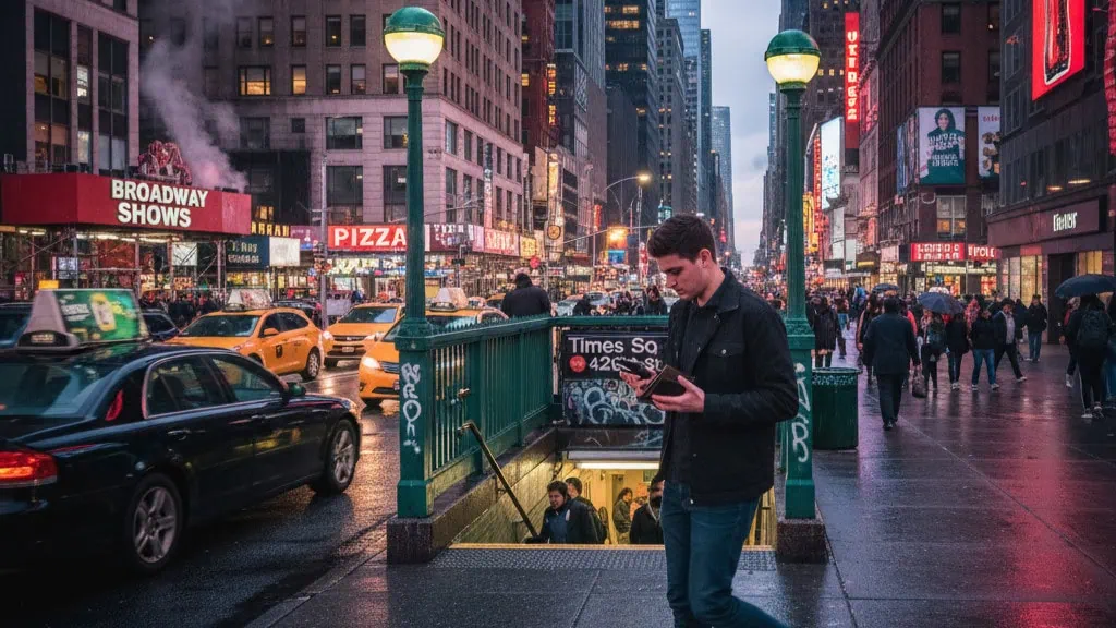 A man checks his wallet on a lively NYC street near a subway station, symbolizing budget-conscious living in the fast-paced city.