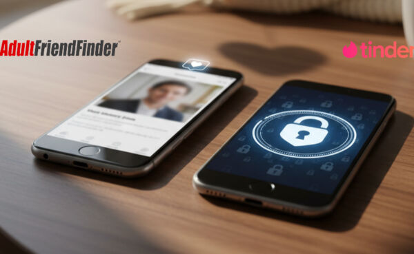 Two smartphones displaying a dating app and a lock icon, symbolizing secure online dating privacy on a wooden table.