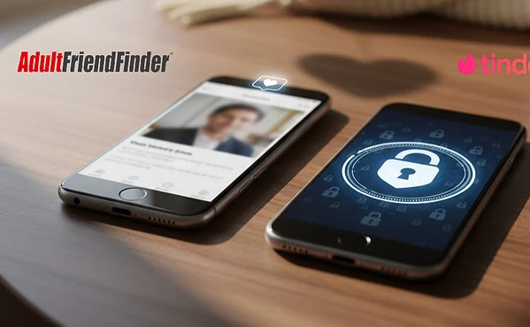 Two smartphones displaying a dating app and a lock icon, symbolizing secure online dating privacy on a wooden table.