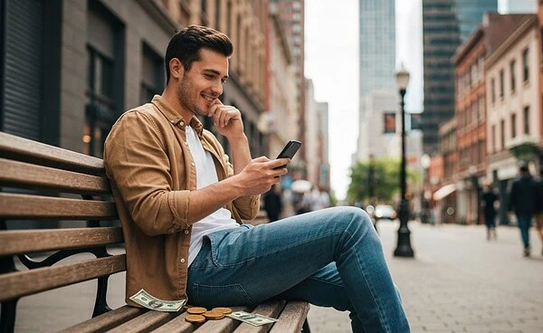 Smiling man using free dating app on phone in city park, representing affordable local dating options