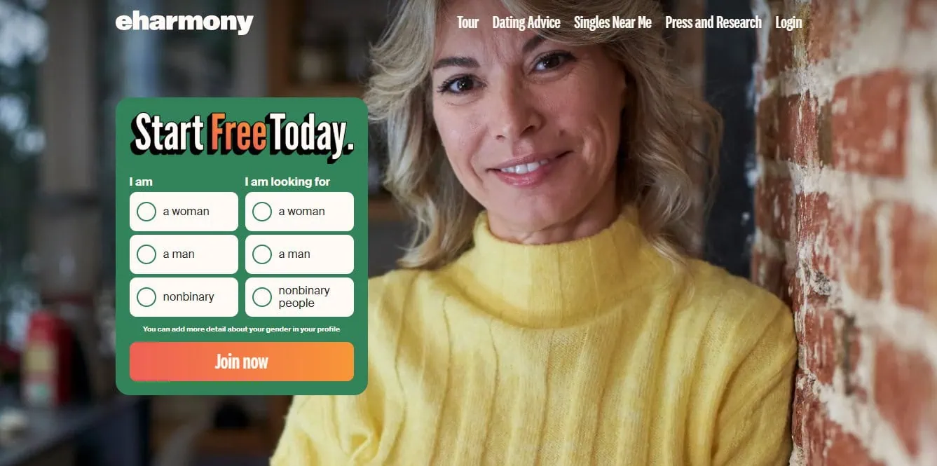 eHarmony older women dating site landing page