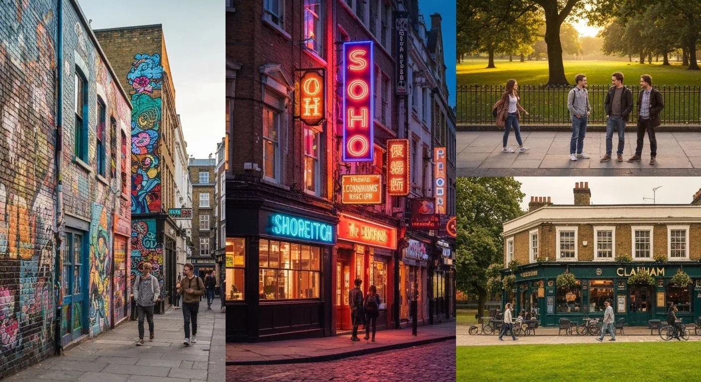 Collage of thriving London neighborhoods like Shoreditch, Soho, and Clapham, showcasing areas where casual hookup culture is most active and social.